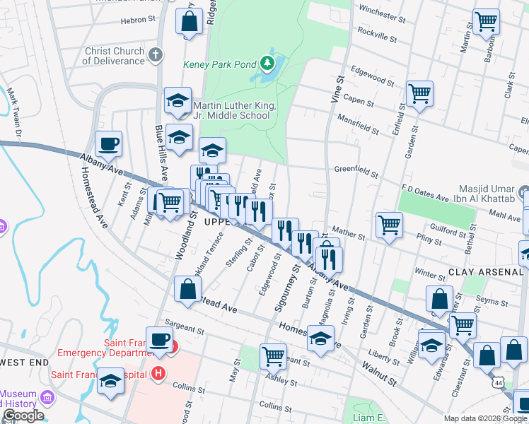 map of restaurants, bars, coffee shops, grocery stores, and more near 56 Lenox Street in Hartford