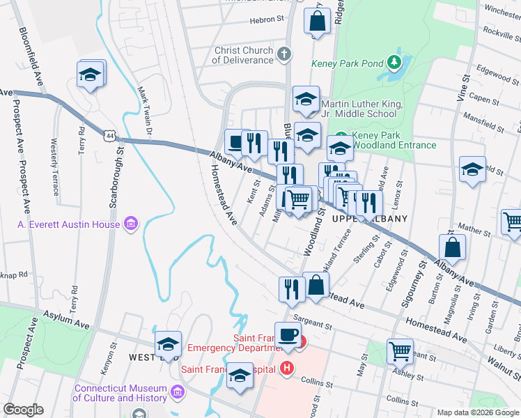 map of restaurants, bars, coffee shops, grocery stores, and more near 50 Kent Street in Hartford