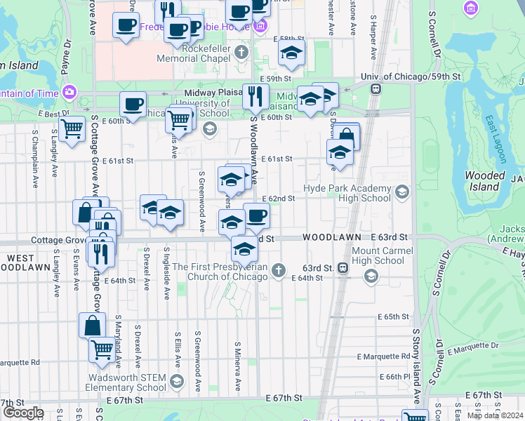 map of restaurants, bars, coffee shops, grocery stores, and more near 1210 East 62nd Street in Chicago
