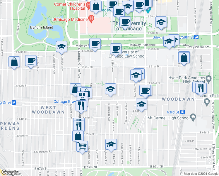 map of restaurants, bars, coffee shops, grocery stores, and more near 6156 South Ellis Avenue in Chicago