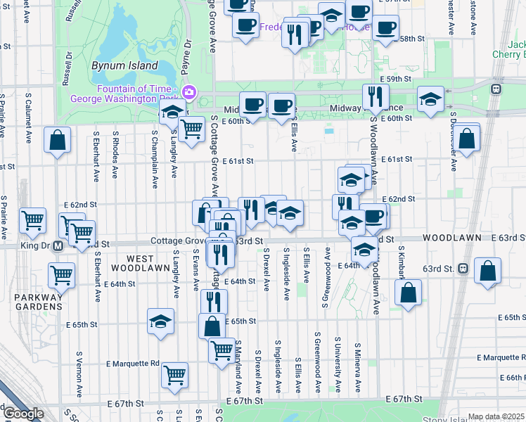 map of restaurants, bars, coffee shops, grocery stores, and more near 6152 South Ingleside Avenue in Chicago