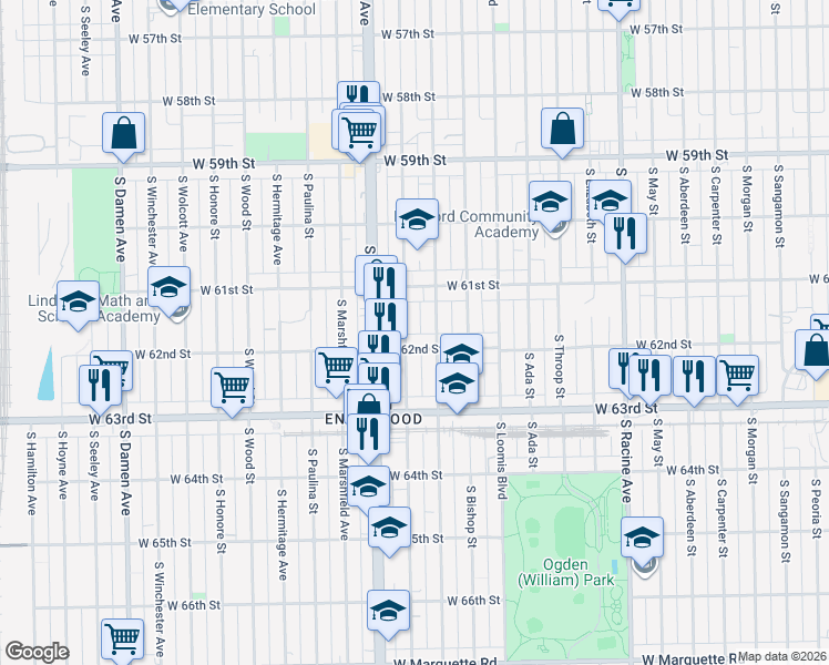 map of restaurants, bars, coffee shops, grocery stores, and more near 6120 South Justine Street in Chicago