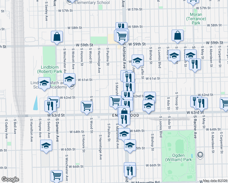 map of restaurants, bars, coffee shops, grocery stores, and more near 6118 South Marshfield Avenue in Chicago