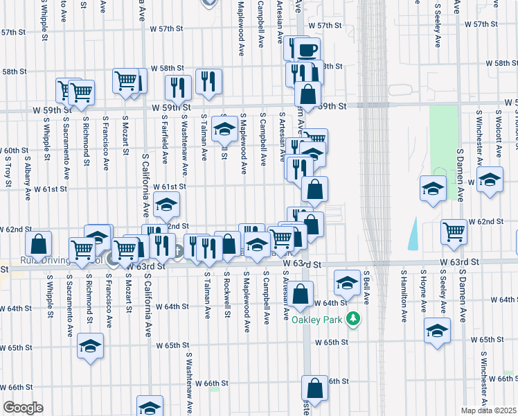 map of restaurants, bars, coffee shops, grocery stores, and more near 6111 South Maplewood Avenue in Chicago