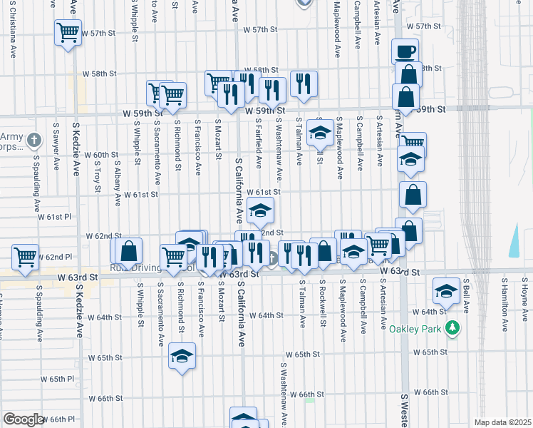map of restaurants, bars, coffee shops, grocery stores, and more near 6106 South Washtenaw Avenue in Chicago