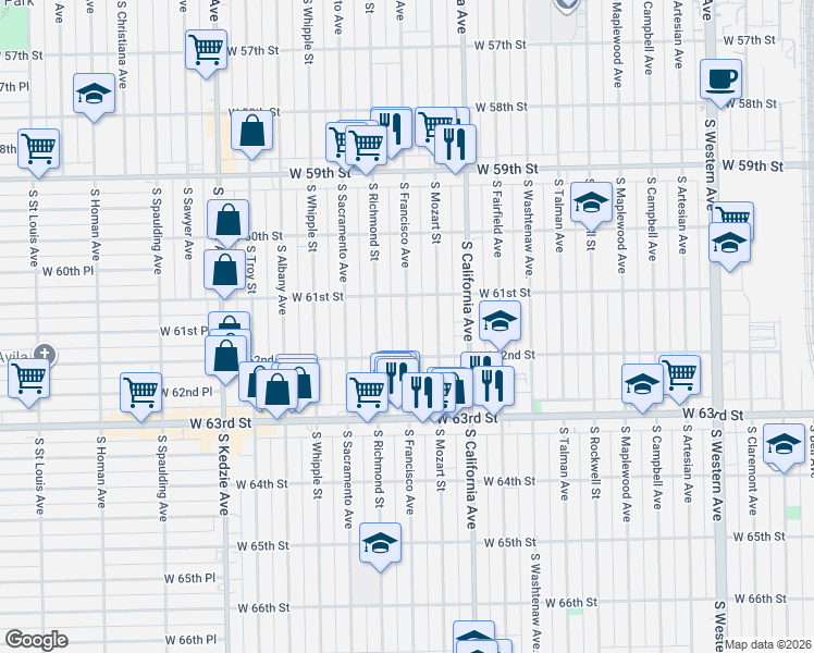 map of restaurants, bars, coffee shops, grocery stores, and more near 6104 South Francisco Avenue in Chicago