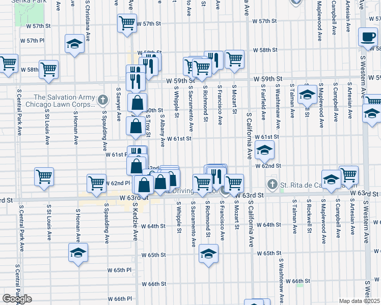map of restaurants, bars, coffee shops, grocery stores, and more near 3015 West 61st Street in Chicago