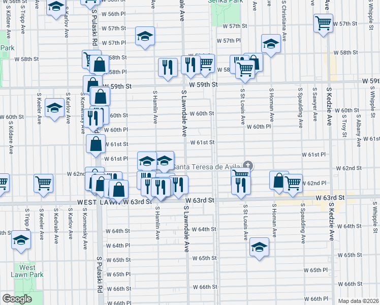 map of restaurants, bars, coffee shops, grocery stores, and more near 3656 West 61st Street in Chicago