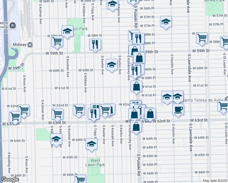 map of restaurants, bars, coffee shops, grocery stores, and more near 4150 West 61st Street in Chicago