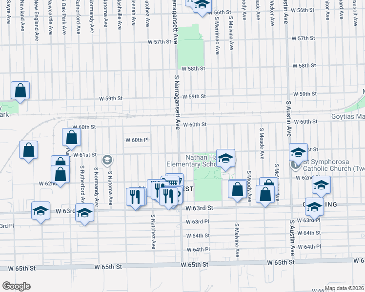 map of restaurants, bars, coffee shops, grocery stores, and more near 6022 South Narragansett Avenue in Chicago