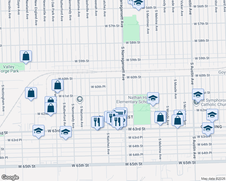 map of restaurants, bars, coffee shops, grocery stores, and more near 6020 South Nagle Avenue in Chicago
