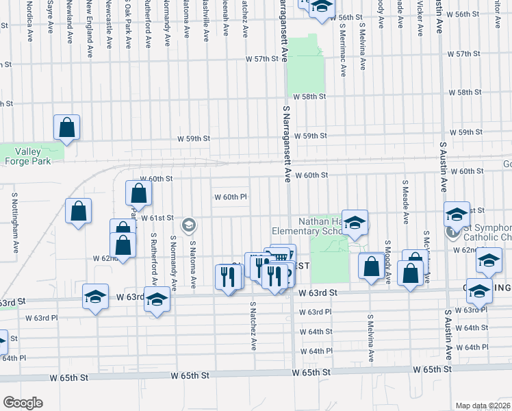 map of restaurants, bars, coffee shops, grocery stores, and more near 6020 South Nagle Avenue in Chicago