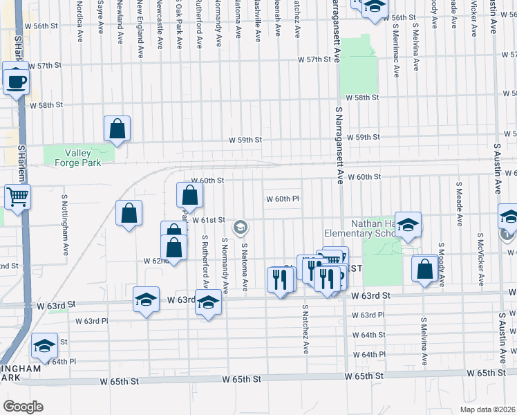 map of restaurants, bars, coffee shops, grocery stores, and more near 6554 West 60th Place in Chicago