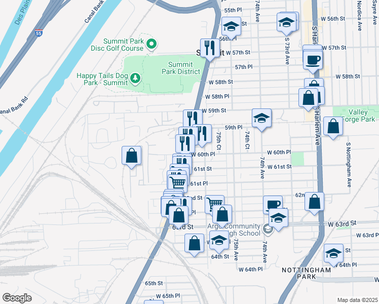 map of restaurants, bars, coffee shops, grocery stores, and more near 7613 West 60th Street in Summit