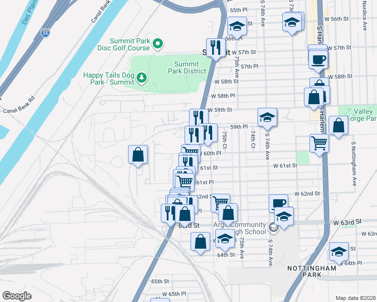 map of restaurants, bars, coffee shops, grocery stores, and more near 7705 West 60th Place in Summit