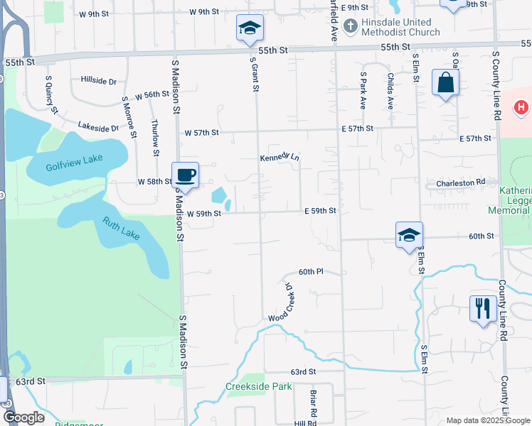 map of restaurants, bars, coffee shops, grocery stores, and more near 5834 South Grant Street in Hinsdale