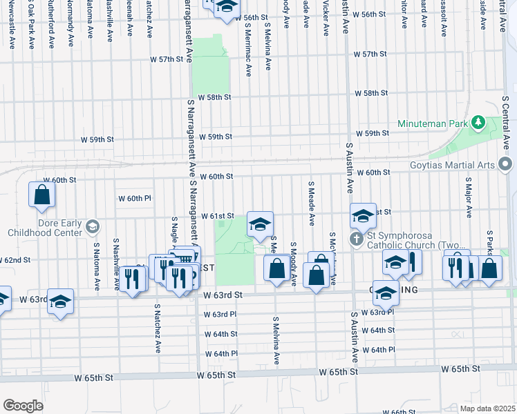 map of restaurants, bars, coffee shops, grocery stores, and more near 6024 South Melvina Avenue in Chicago
