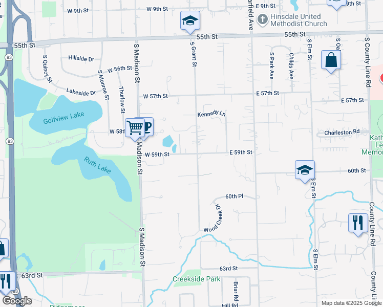 map of restaurants, bars, coffee shops, grocery stores, and more near 305 West 59th Street in Hinsdale