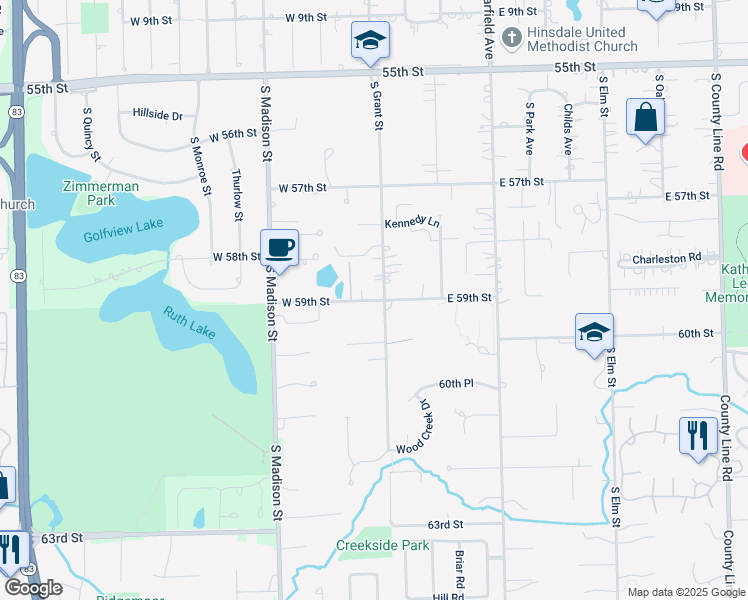 map of restaurants, bars, coffee shops, grocery stores, and more near 309 West 59th Street in Hinsdale