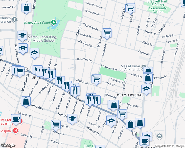 map of restaurants, bars, coffee shops, grocery stores, and more near 57 Enfield Street in Hartford