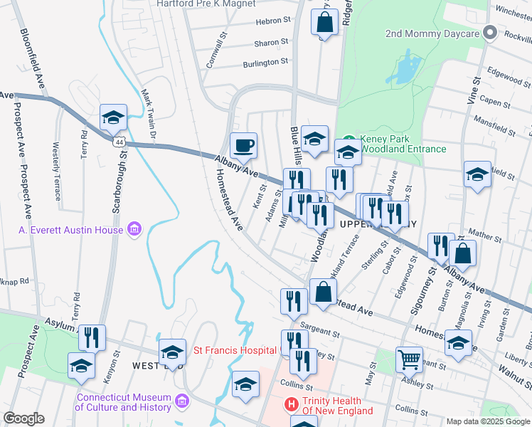 map of restaurants, bars, coffee shops, grocery stores, and more near 41 Adams Street in Hartford