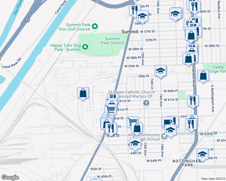 map of restaurants, bars, coffee shops, grocery stores, and more near 6024 South Archer Road in Summit