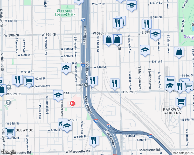map of restaurants, bars, coffee shops, grocery stores, and more near 6116 S La Salle St in Chicago