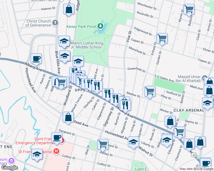map of restaurants, bars, coffee shops, grocery stores, and more near 56 Lenox Street in Hartford