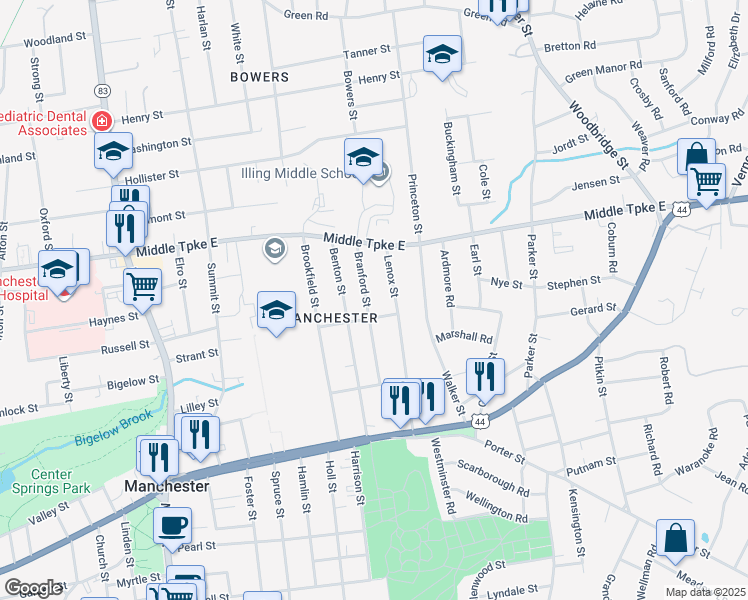 map of restaurants, bars, coffee shops, grocery stores, and more near 141 Branford Street in Manchester