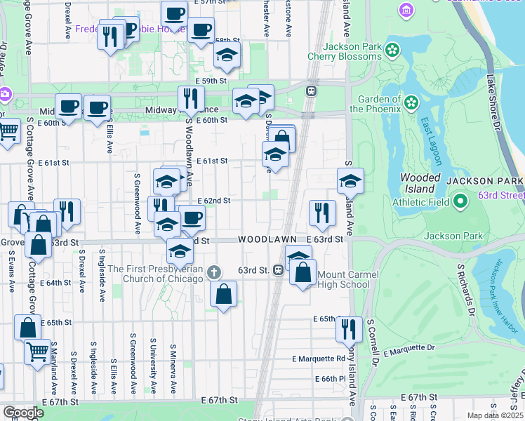 map of restaurants, bars, coffee shops, grocery stores, and more near 6210 South Dorchester Avenue in Chicago