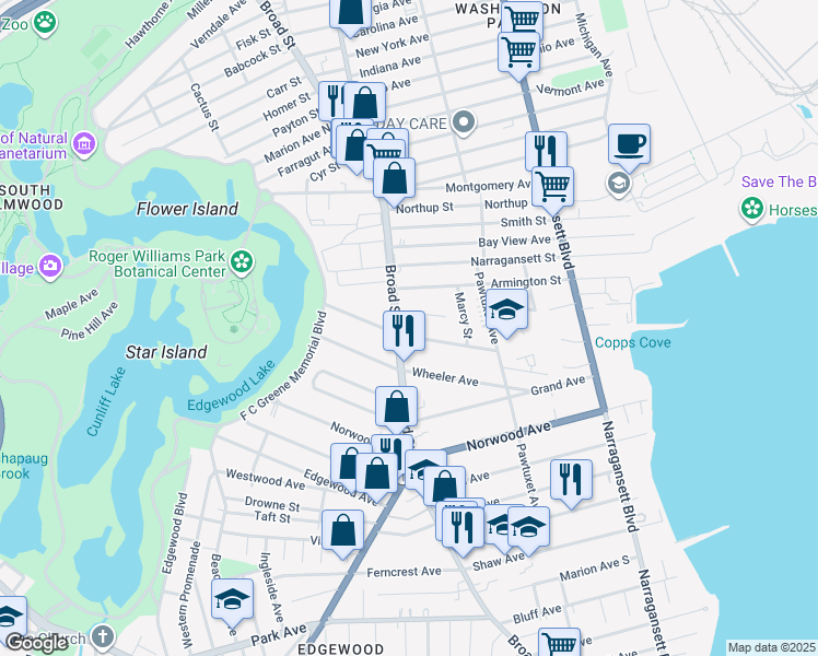 map of restaurants, bars, coffee shops, grocery stores, and more near 1644 Broad Street in Cranston