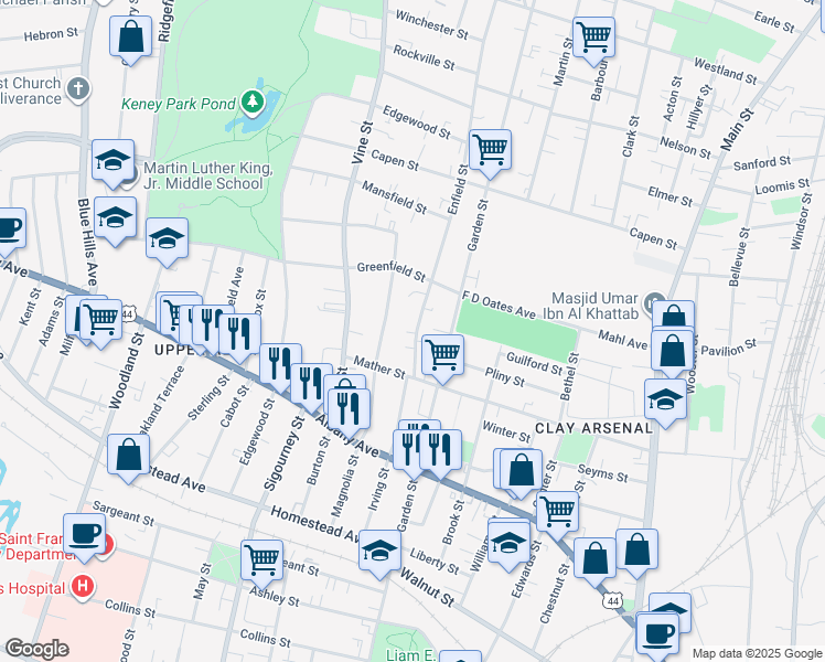 map of restaurants, bars, coffee shops, grocery stores, and more near 57 Enfield Street in Hartford