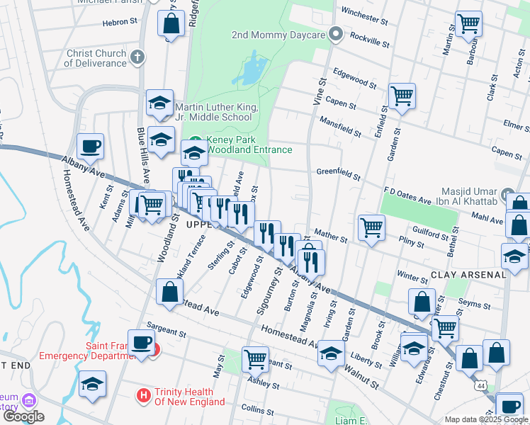 map of restaurants, bars, coffee shops, grocery stores, and more near 56 Lenox Street in Hartford