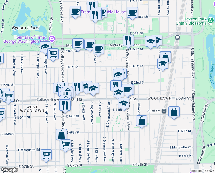 map of restaurants, bars, coffee shops, grocery stores, and more near 6158 South Greenwood Avenue in Chicago