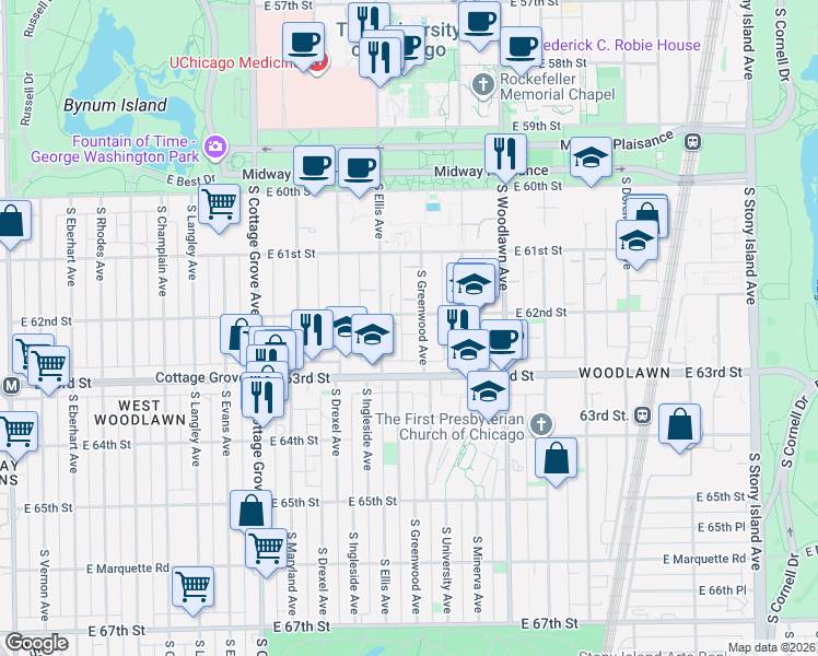 map of restaurants, bars, coffee shops, grocery stores, and more near 6158 South Greenwood Avenue in Chicago