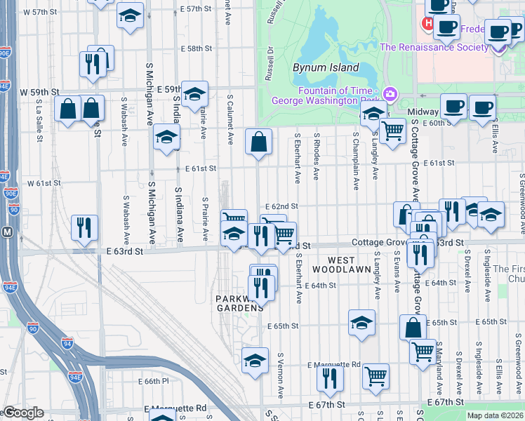 map of restaurants, bars, coffee shops, grocery stores, and more near 6146 South Vernon Avenue in Chicago