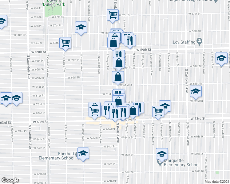 map of restaurants, bars, coffee shops, grocery stores, and more near 6104 South Kedzie Avenue in Chicago