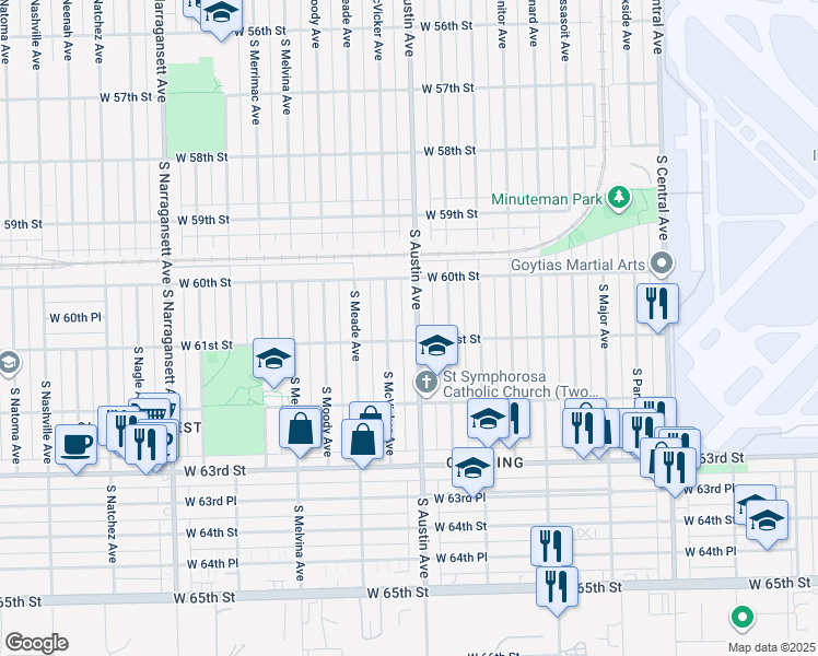 map of restaurants, bars, coffee shops, grocery stores, and more near 6029 South McVicker Avenue in Chicago