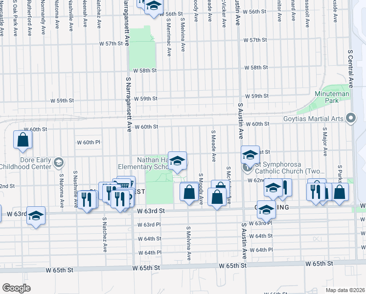 map of restaurants, bars, coffee shops, grocery stores, and more near 6024 South Melvina Avenue in Chicago