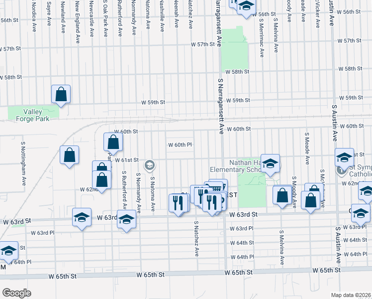 map of restaurants, bars, coffee shops, grocery stores, and more near 6512 West 60th Place in Chicago