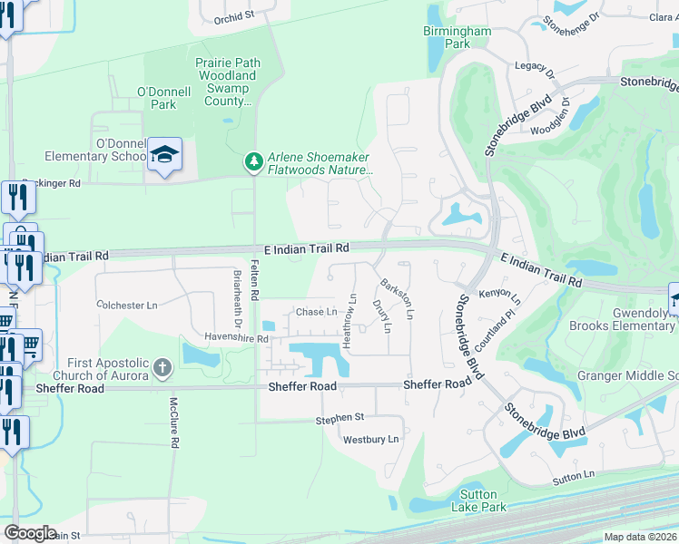 map of restaurants, bars, coffee shops, grocery stores, and more near 1235 Barkston Lane in Aurora