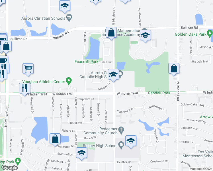 map of restaurants, bars, coffee shops, grocery stores, and more near 1921 Ash Court in Aurora