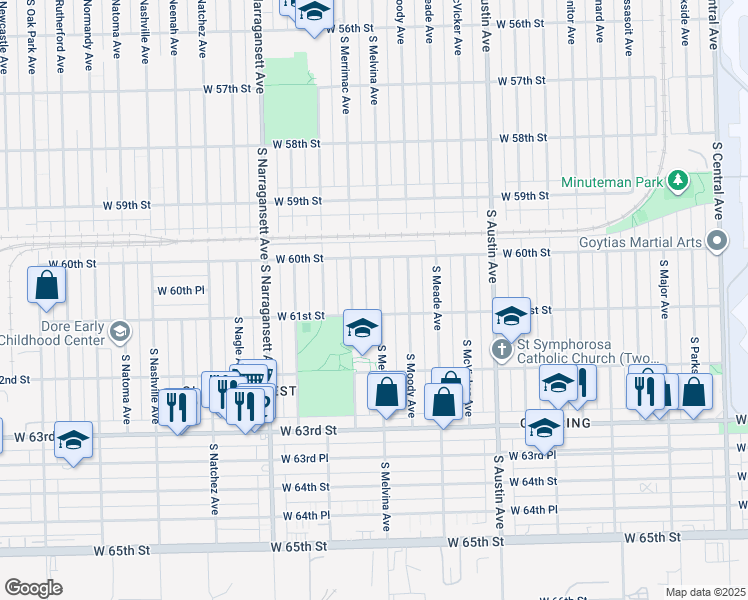 map of restaurants, bars, coffee shops, grocery stores, and more near 6024 South Melvina Avenue in Chicago