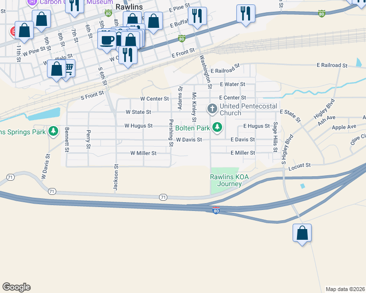 map of restaurants, bars, coffee shops, grocery stores, and more near 200 West Davis Street in Rawlins