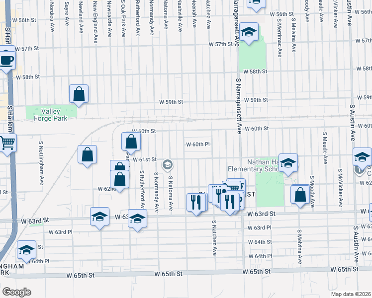map of restaurants, bars, coffee shops, grocery stores, and more near 6554 West 60th Place in Chicago