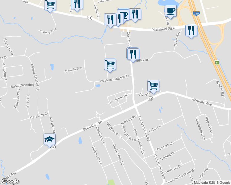 map of restaurants, bars, coffee shops, grocery stores, and more near 273 Cheshire Drive in Cranston