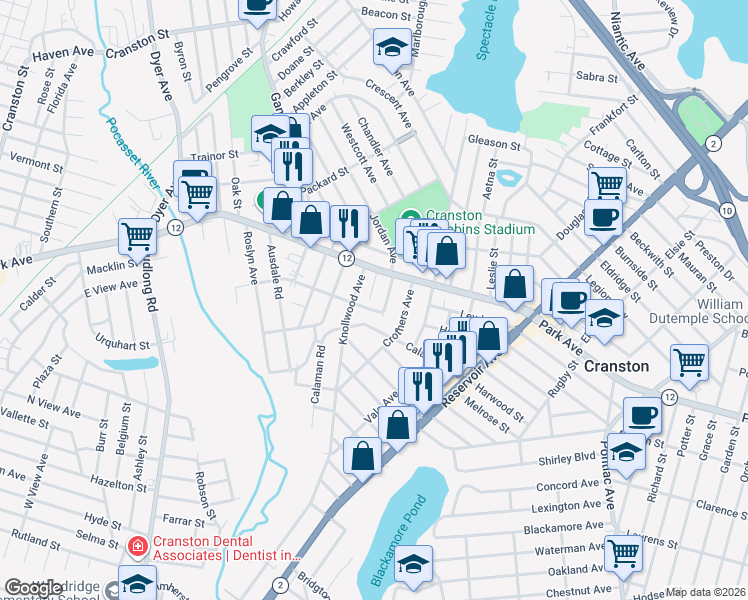 map of restaurants, bars, coffee shops, grocery stores, and more near 17 Egan Road in Cranston