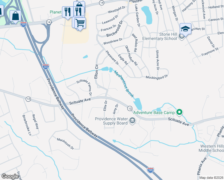 map of restaurants, bars, coffee shops, grocery stores, and more near 40 Arrow Way in Cranston