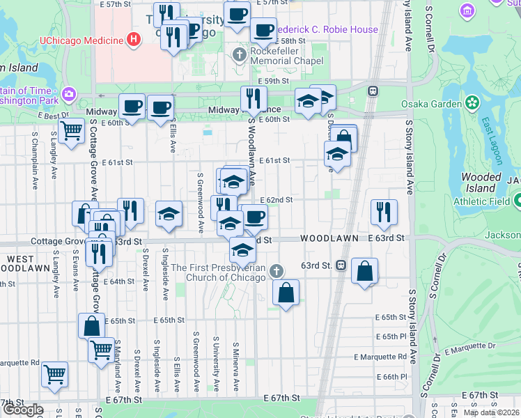 map of restaurants, bars, coffee shops, grocery stores, and more near 1210 East 62nd Street in Chicago