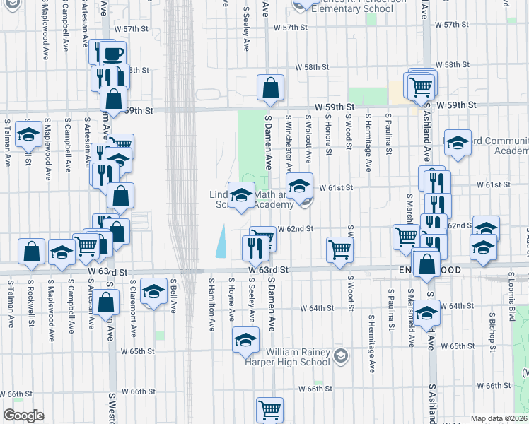 map of restaurants, bars, coffee shops, grocery stores, and more near 6127 South Damen Avenue in Chicago